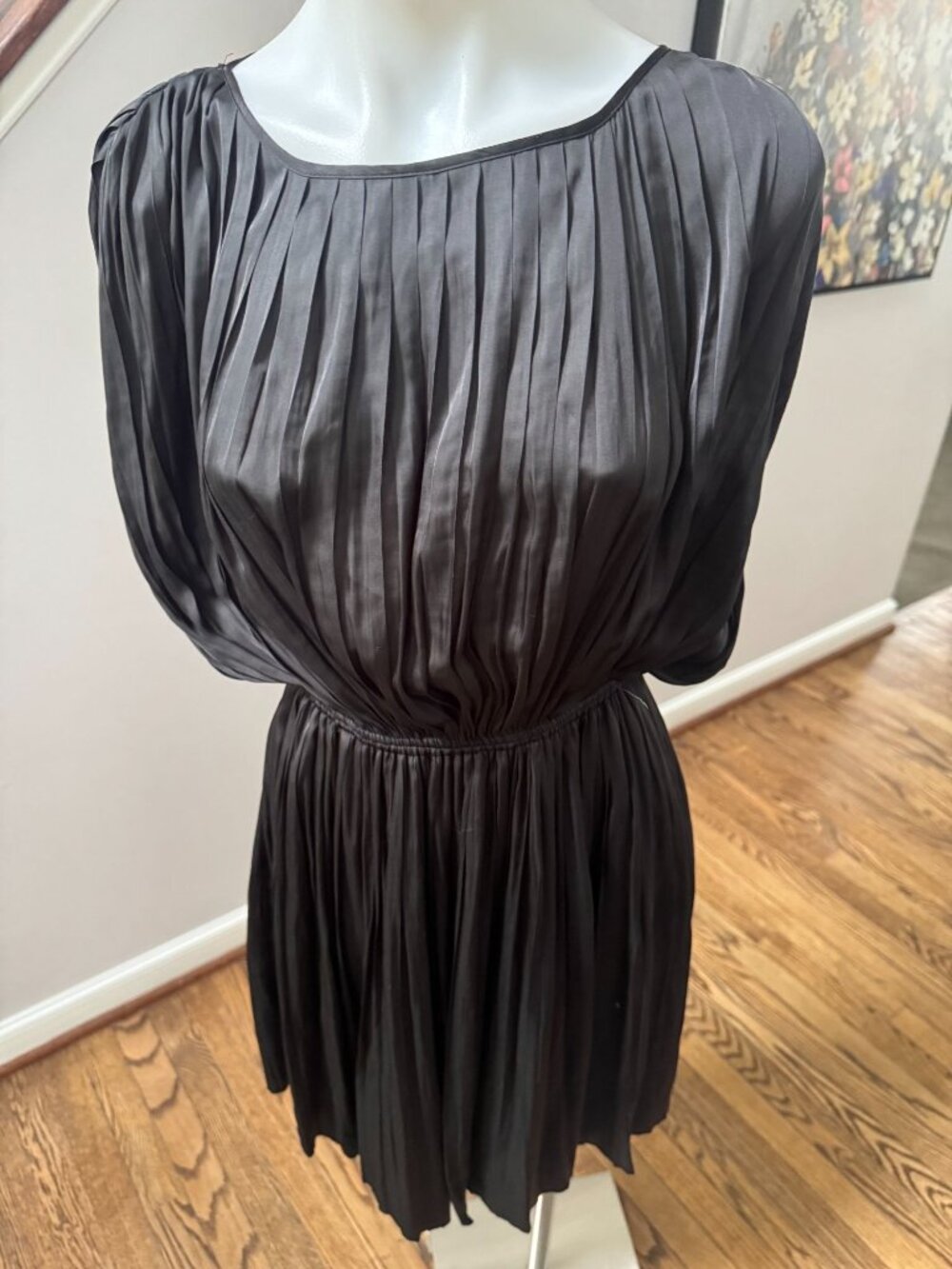 Anine Bing Giana Pleated Satin Plisse Accordion Mini Dress Black Size Medium - Picture 2 of 4